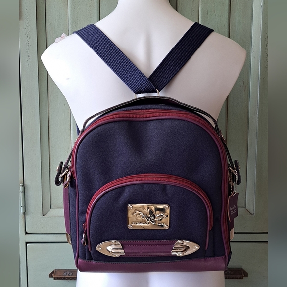 Small Canvas & Leather Backpack Navy and Plum with Silver Hardware Bee Accent - Picture 3 of 14